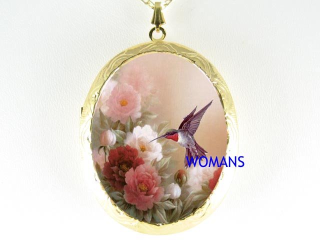 RUBY HUMMINGBIRD BLOSSOM PEONY PORCELAIN CAMEO LOCKET