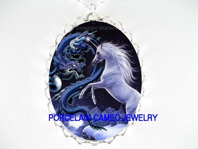 BLUE UNICORN HORSE WITH DRAGON PORCELAIN CAMEO NECKLACE