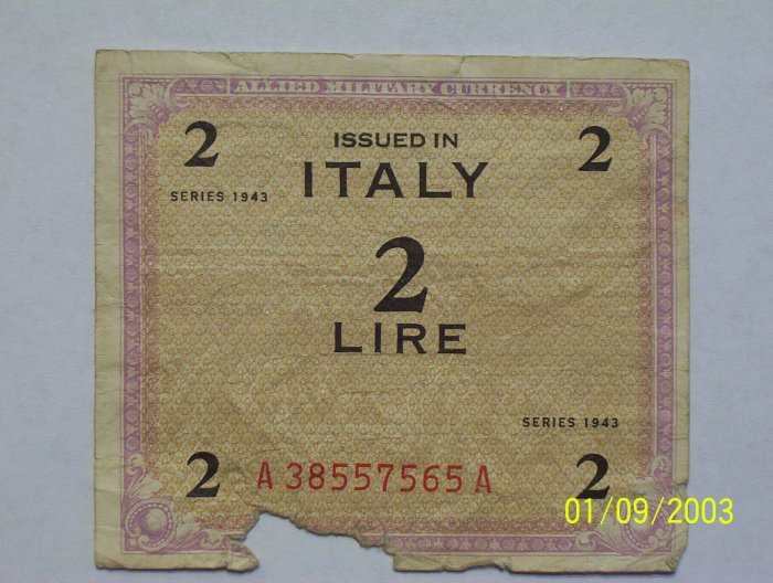 Allied Military issued 2 Lire bill.