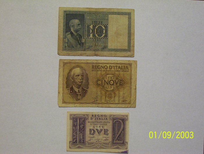 10, 2, and 5 Lire Bills