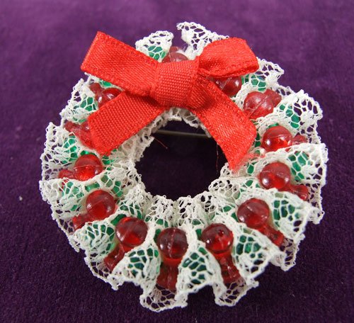 Handmade Wreath Pin with red beads lace and bow
