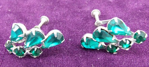 Vintage Screw Post Earrings with Green Rhinestones Silver