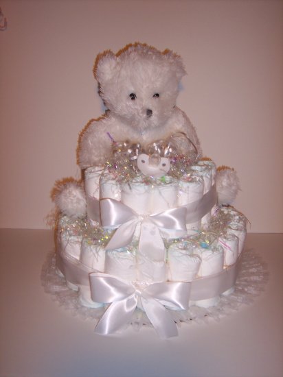 2 Tier UNISEX Bear Baby Shower Diaper Cake ALL WHITE