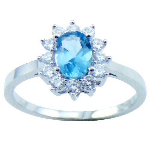18K White Gold Plated Oval Blue Topaz Color CZ Ring
