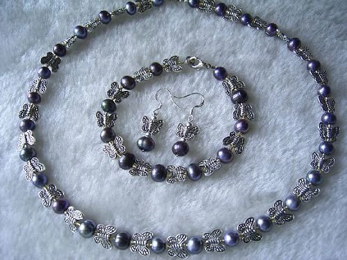 black pearl butterfly spacer jewelry set Necklace, Bracelet, earrings