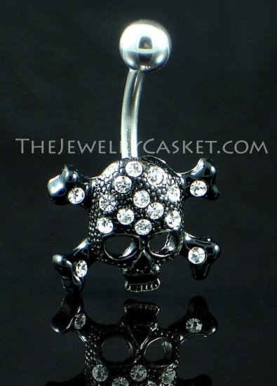 Black Skull with Crystals Navel Barbell