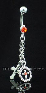 Double Cross ~ Pumpkin Crystal Belly Ring