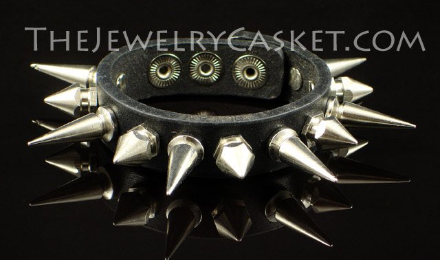 Alternating Spikes ~ Black Leather Wristband