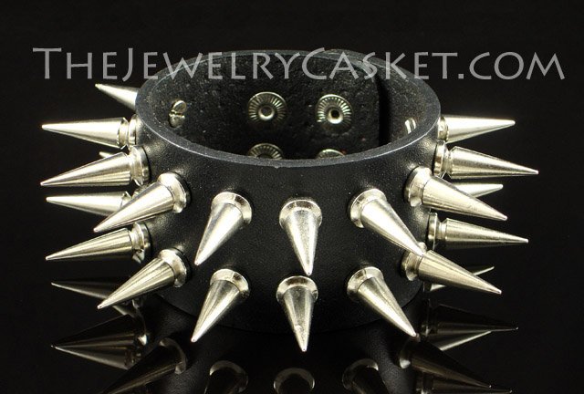 Double Row Long Spikes ~ Black Leather Wristband