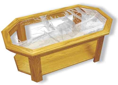 Etched Glass - Lone Deer - Solid Oak Coffee Table - Octagon