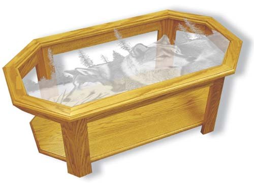 Etched Glass - Wolves - "Blue Morning Trackers" Solid Oak Coffee Table - Octagon