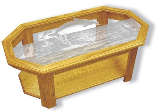 Etched Glass - Dolphins- Solid Oak Coffee Table - Octagon