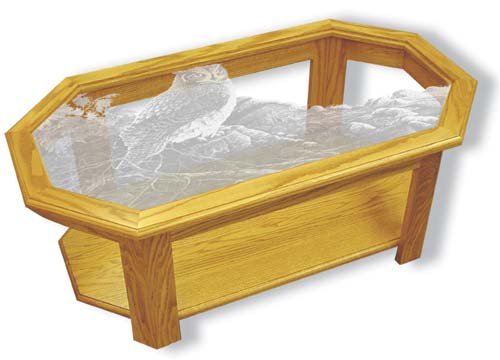 Etched Glass - Great Horned Owl - Solid Oak Coffee Table - Octagon