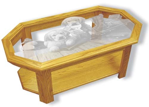 Etched Glass - Golden Retriever Puppies - Solid Oak Coffee Table - Octagon