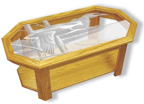 Etched Glass - Lake Mallards- Solid Oak Coffee Table - Octagon - Ducks