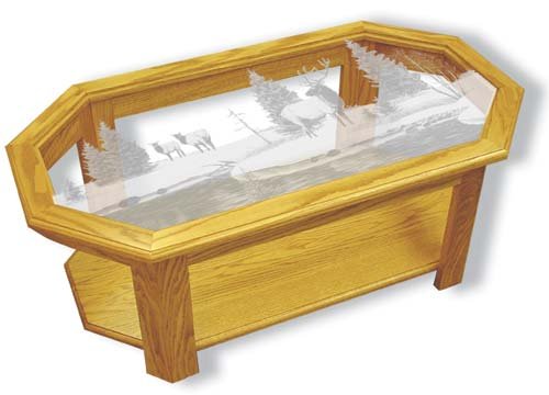 Etched Glass - Elk - Solid Oak Coffee Table - Octagon