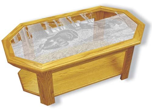 Etched Glass - Wild Turkeys - Solid Oak Coffee Table - Octagon
