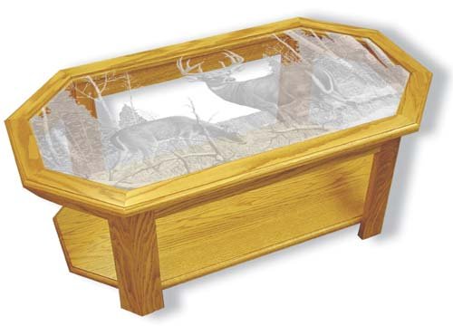 Etched Glass - Standing Guard Deer - Solid Oak Coffee Table - Octagon