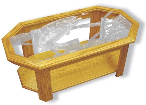 Etched Glass - Swim Meet Trout - Solid Oak Coffee Table - Octagon
