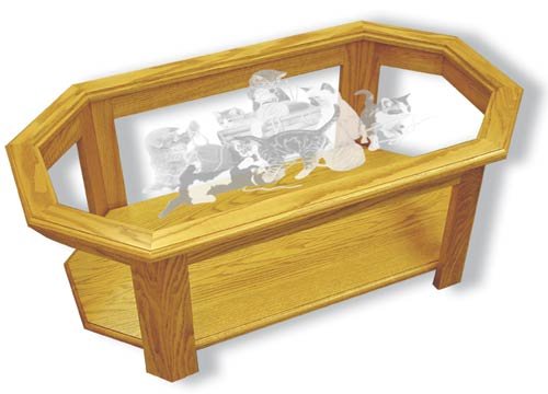 Etched Glass - Yarn Party Kittens - Solid Oak Coffee Table - Octagon - cats