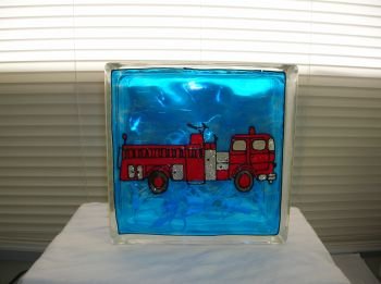 Hand Painted Fire Truck Glass Block Night Light