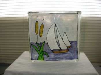 Hand Painted Sailboat Glass Block Light