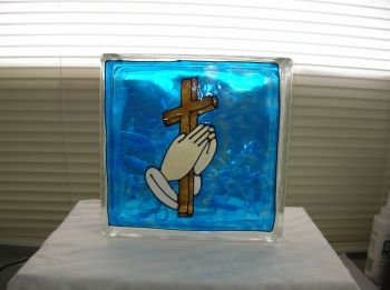 Hand Painted Cross With Praying Hands Glass Block Light