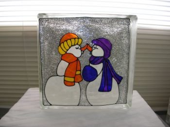 Hand Pained Kissing Snowmen Glass block Light