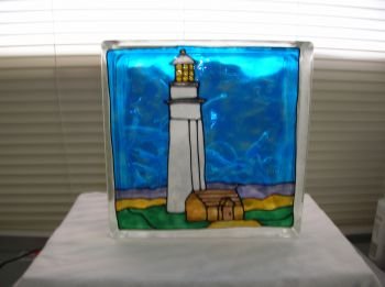 Hand Painted Lighthouse Glass Block Light