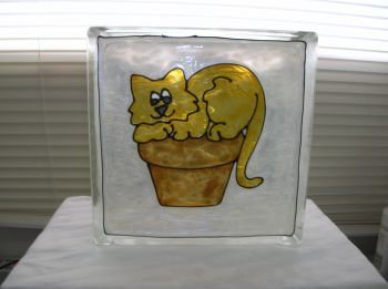 Hand Painted Cat On Pot Glass Block Light