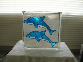 Hand Painted Two Dolphins Glass Block Light