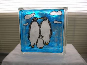 Hand Painted Penquins Glass Block Light