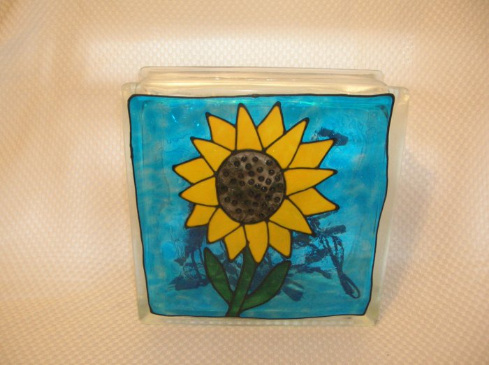 Hand Painted Sunflower Glass Block Light