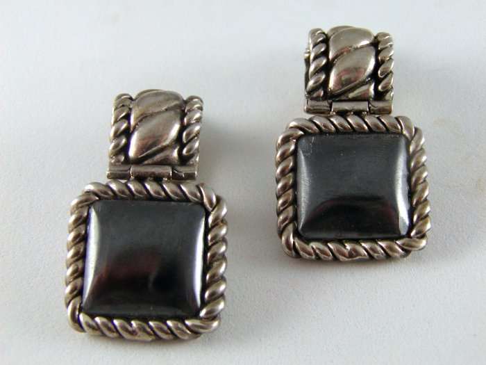 VINTAGE STERLING SILVER HEMATITE CLIP ON EARRINGS