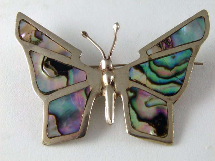 VINTAGE MEXICAN STERLING SILVER ABALONE BUTTERFLY BROOCH