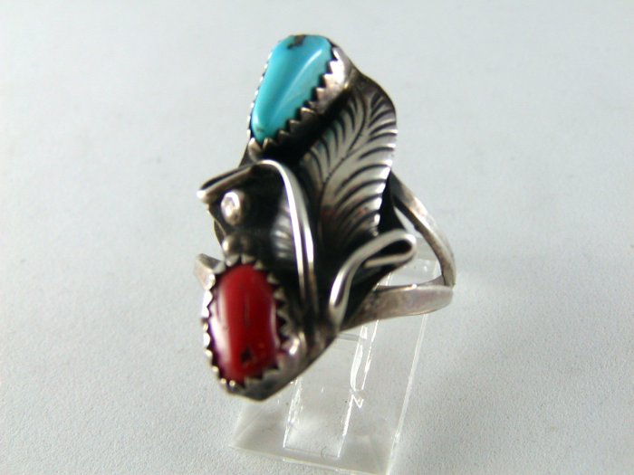 NATIVE AMERICAN NAVAJO STERLING SILVER CORAL TURQUOISE RING SZ 7 1/2