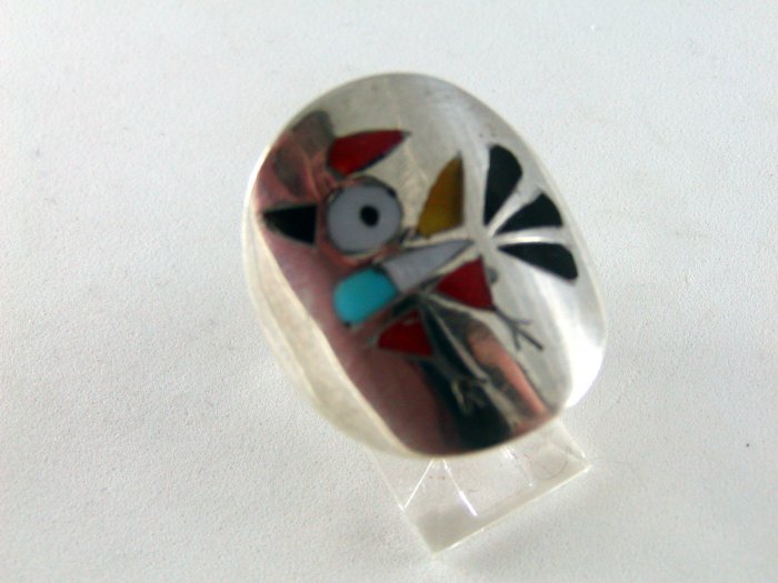 VINTAGE NATIVE AMERICAN ZUNI STERLING SILVER CORAL TURQUOISE MOTHER OF PEARL BIRD RING SZ 8