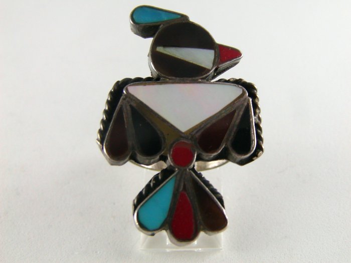 VINTAGE STERLING SILVER NATIVE AMERICAN WOODPECKER BIRD RING SZ 7 CORAL TURQUOISE