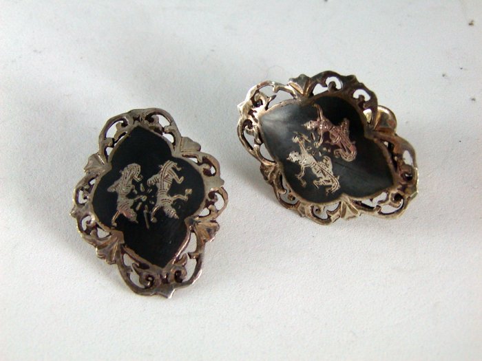 VINTAGE SIAM STERLING SILVER NIELLO CLIP ON EARRINGS
