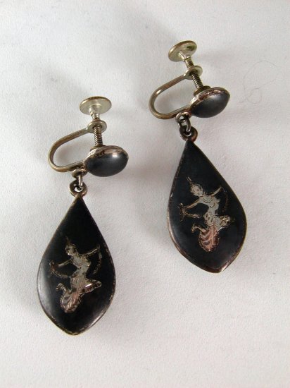VINTAGE STERLING SILVER NIELLO SIAM DANGLEY SCREW BACK EARRINGS