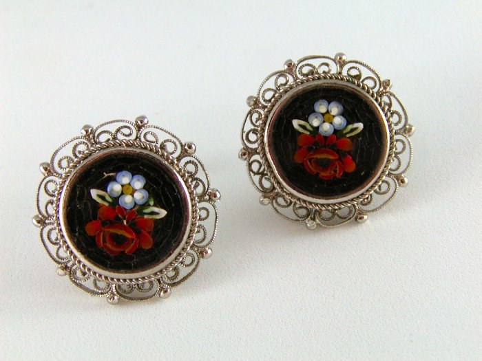 VINTAGE MICRO MOSAIC RED RED ROSE CLIP ON EARRINGS