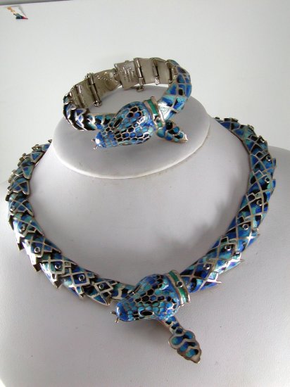 VINTAGE TAXCO MEXICAN MEXICO STERLING SILVER ENAMEL SNAKE BRACELET EARRINGS NECKLACE