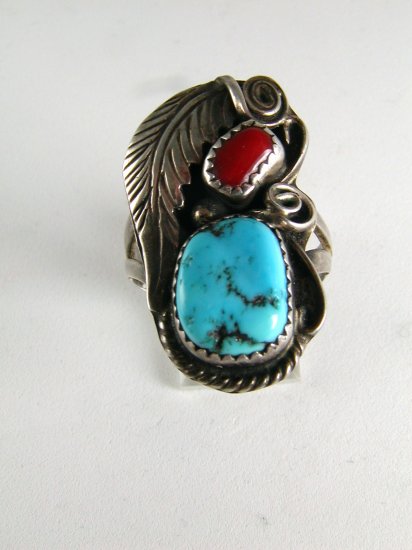 VINTAGE NATIVE AMERICAN SILVER TURQUOISE CORAL SIGNED RING SIZE 10