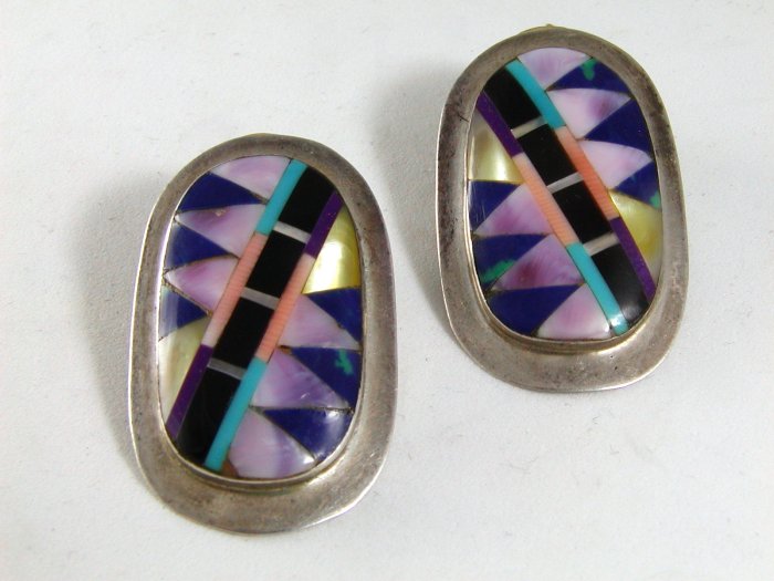 NATIVE AMERICAN ZUNI STERLING SILVER TURQUOISE BLACK ONYX ABALONE MOTHER OF PEARL PIERCED EARRINGS