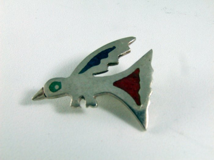 VINTAGE MEXICAN MEXICO CODENA STERLING SILVER ENAMEL BIRD BROOCH PENDANT