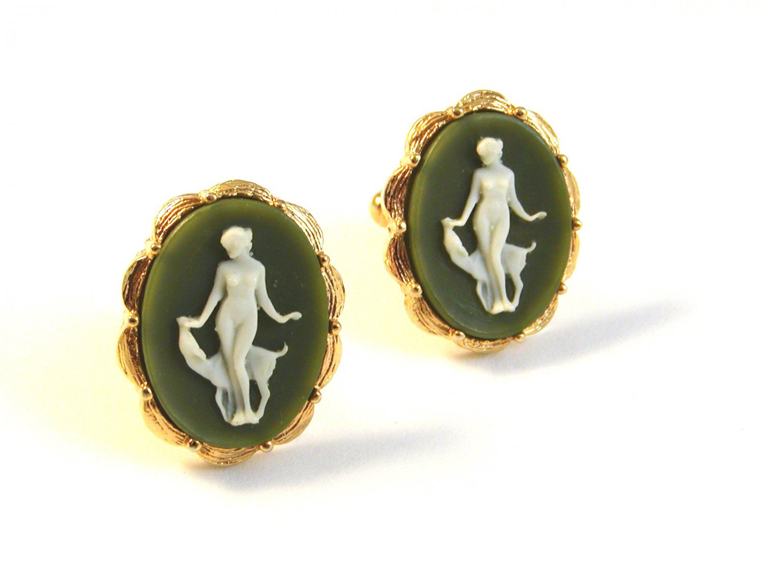1970's Gold Tone Roman Woman in Green Cufflinks