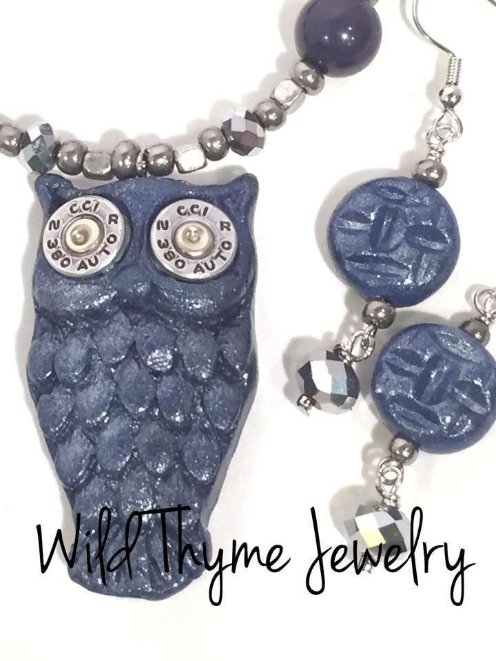 Blue Clay and Bullet Owl Necklace Bracelet Earrings Set