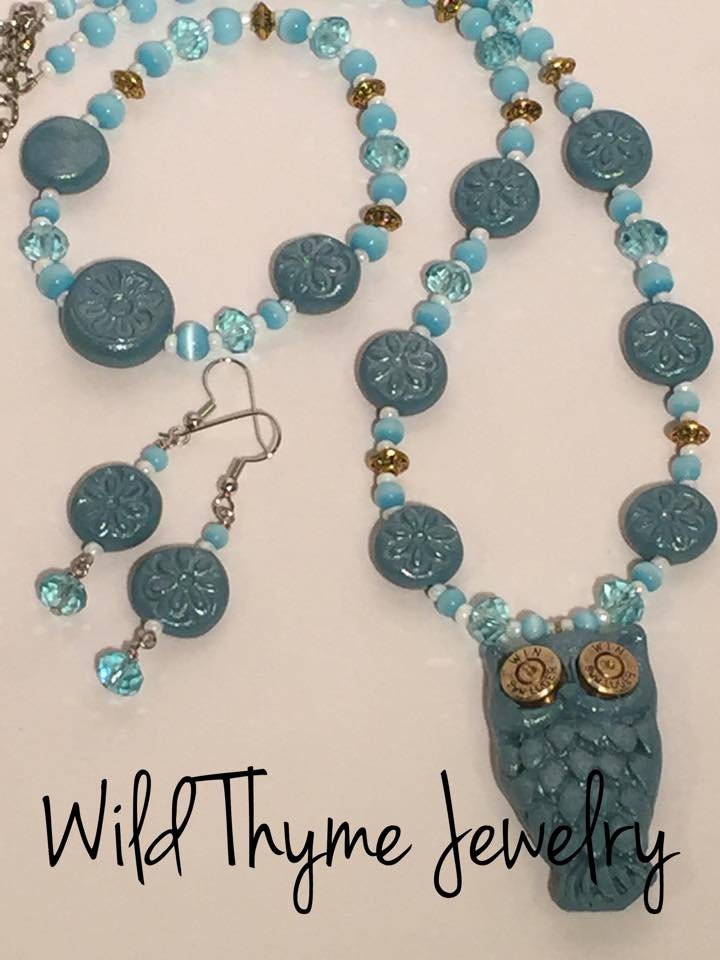Teal clay owl and bullet casing necklace, bracelet and earrings set