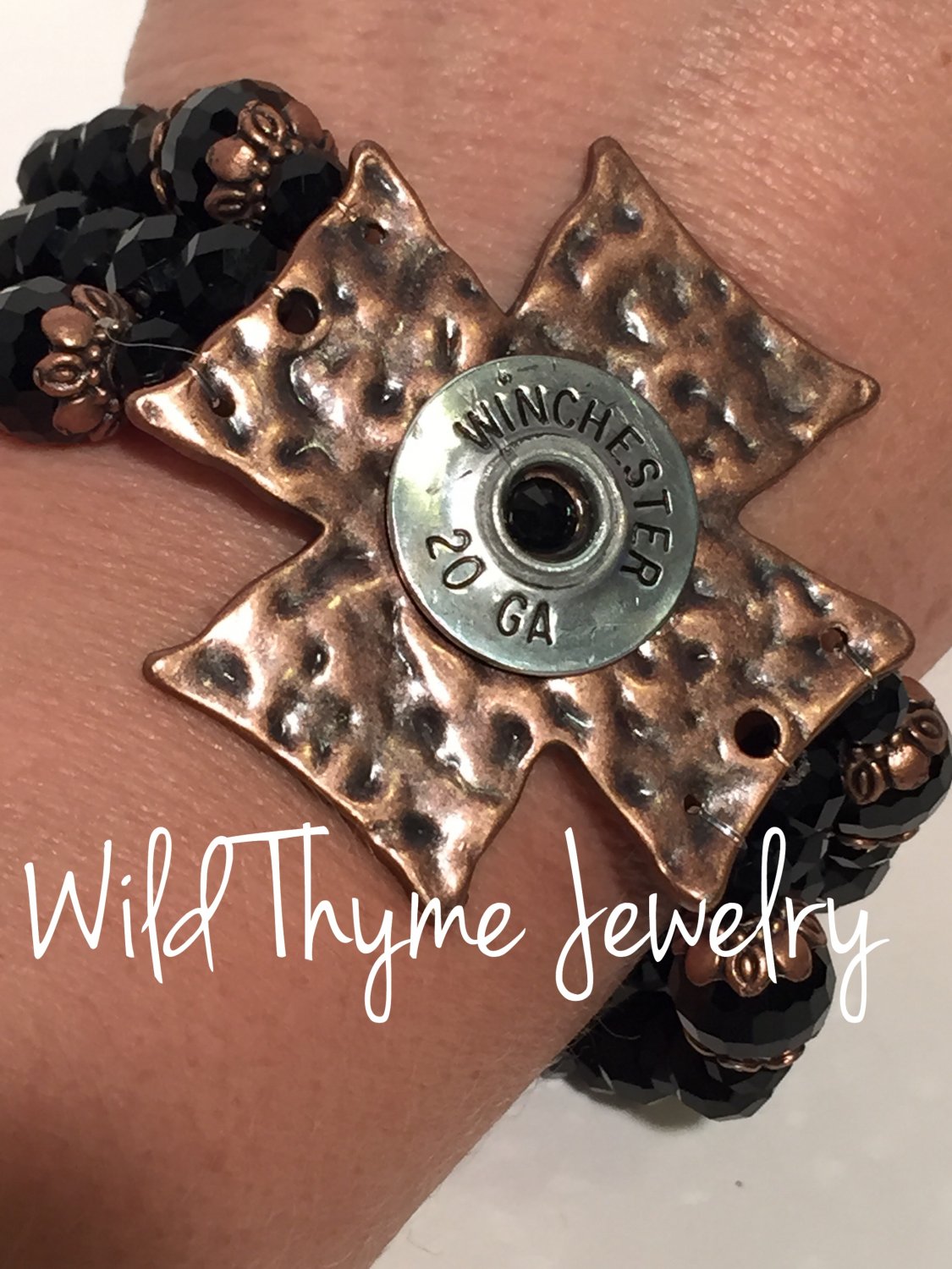 Hammered Copper Cross and Bullet casing bracelet
