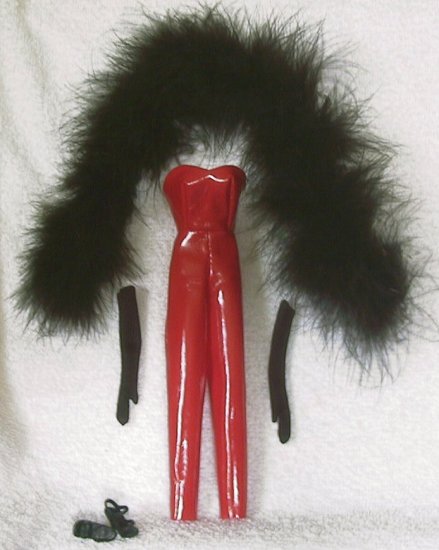 DOLL CLOTHES, RED CATSUIT, feather Boa, gloves, heels 11.5 inch fashion dolls
